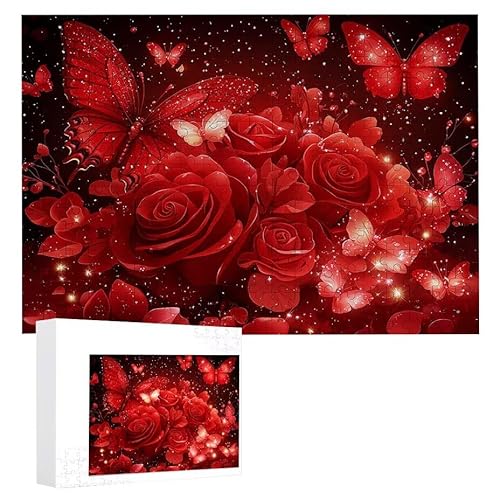 Puzzle 1200 Teile Erwachsene Rote Rose Schmetterling 75 x 50 cm, 3D Visuelle Wooden Puzzle, DIY Craft Bastelpuzzles für Heimdekoration, Geschenkbox, Familie herausforderndes Puzzles F-268 von WEISHIWE