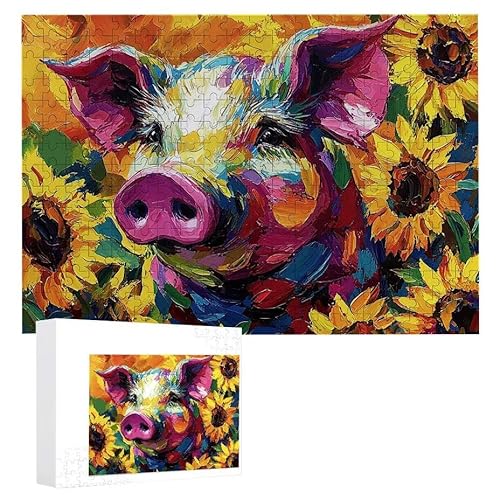Puzzle 200 Teile Erwachsene Sonnenblumenschwein 35 x 25 cm, 3D Visuelle Wooden Puzzle, DIY Craft Bastelpuzzles für Heimdekoration, Geschenkbox, Familie herausforderndes Puzzles F-690 von WEISHIWE