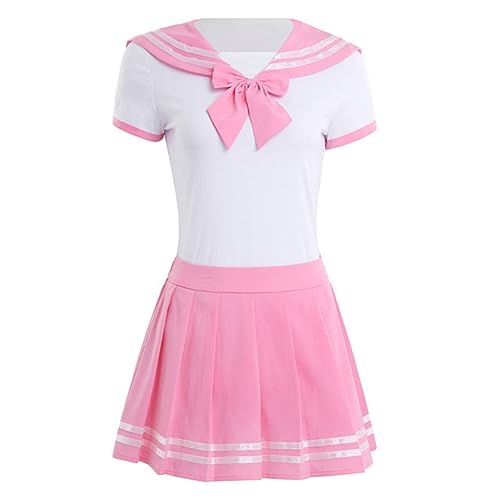 WEITING Frauen Sexy Cosplay Dessous Schulmädchen Student Uniform Kostüme Outfit Sets Snap Crotch Strampler mit Mini Faltenrock-Rosa, M von WEITING