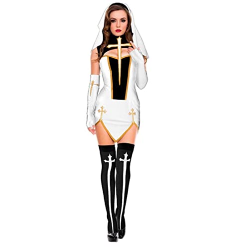 WEITING Schwarze Nonne Minikleid Set Geteilte Rollenspiel Nonne Kostüme Sexy Frauen Shows Cosplay Uniform Versuchung Nonne Halloween Kostüm - Weiß, XS von WEITING