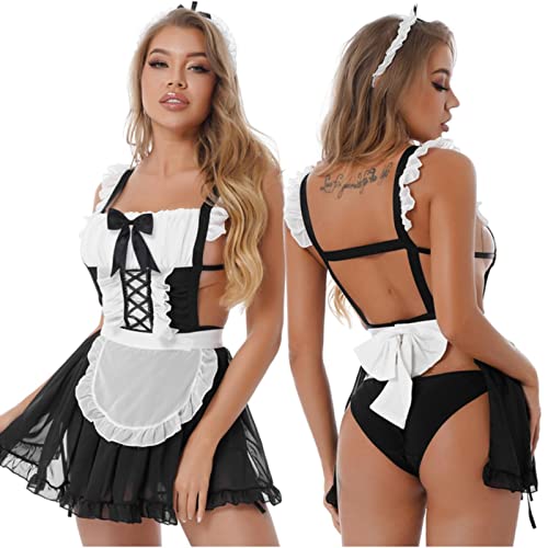 WEITING Schwarzes Damen-Spielmädchen-Cosplay-Kostüm für Erwachsene, Cosplay-Kostüm, Unterwäsche, Pyjama, rückenfrei, Rüschenschürze, Kleid, Typ C, Einheitsgröße von WEITING