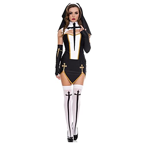 WEITING Schwarzes Nonne-Minikleid-Set, geteiltes Rollenspiel, Nonnenkostüme, sexy Frauen, zeigt Cosplay, Uniform, Versuchung, Nonne, Halloween-Kostüm, Schwarz, S von WEITING