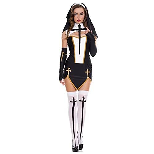 WEITING Schwarzes Nonne-Minikleid-Set, geteiltes Rollenspiel, Nonnenkostüme, sexy Frauen, zeigt Cosplay, Uniform, Versuchung, Nonne, Halloween-Kostüm, Schwarz, XS von WEITING