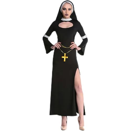 WEITING Sexy Frauen Nonnenkostüm Karneval Halloween Kirche Religiöses Kloster Cosplay Kostüme Kleid mit Kreuz und Kopfbedeckung-Schwarz-XL von WEITING
