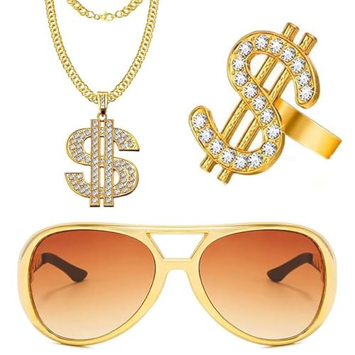 WEIWUXIAN Dollar Kette, 3 Stück Hip Hop Kostüm Set, Goldene Dollar- Kette & Ring, Zuhälter Kostüm Set, 80er Jahre Outfit Herren für Fasching Karneval Cosplay Kostüm, Fasching Accessoires, Mottoparty WEIWUXIAN Dollar Kette, 3 Stück Hip Hop Kostüm Set, Goldene Dollar- Kette & Ring, Zuhälter Kostüm Set, 80er Jahre Outfit Herren für Fasching Karneval Cosplay Kostüm, Fasching Accessoires, Mottoparty von WEIWUXIAN