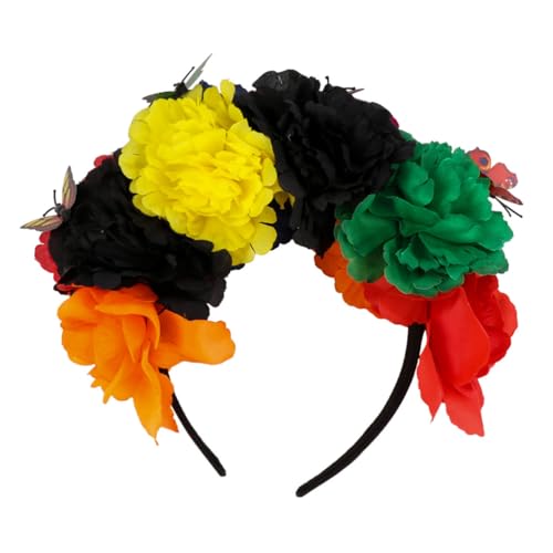 WEKADRIN Halloween Stirnband Damenhaar Blumenkrone mit Künstlichen Blumen und Schmetterlingen Modischer Haarschmuck für Halloween Party Cosplay und Karneval Farbige Kopfbedeckung für Frauen von WEKADRIN