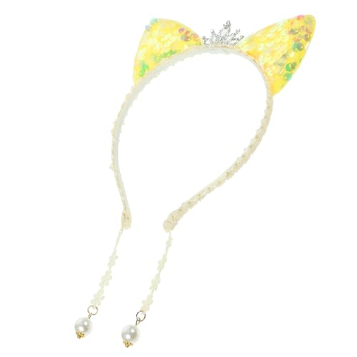 WEKADRIN Katzenohren Haarreif mit Glitzer Perlen und Blumen Gelbes Stirnband für Mädchen Süßes Kostümzubehör für Party Festival und Alltag Haarschmuck für Festlichkeiten von WEKADRIN