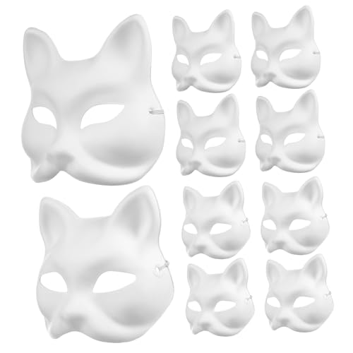 WEKAMOS 10 Stück Teiliges DIY Masken aus Papiermasse Weiße Katzen und Fuchs Masken zum Bemalen Sichere Tiermasken für Halloween Karneval Cosplay und Maskerade Kreative Bastel von WEKAMOS