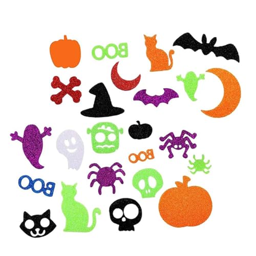WEKAMOS 100 Stück Selbstklebende Halloween Glitter Foam Sticker Leichte Dekorative Aufkleber mit Motiven Wie Kürbis Geist Katze Fledermaus für DIY Basteln Fenster und Partydekoration von WEKAMOS