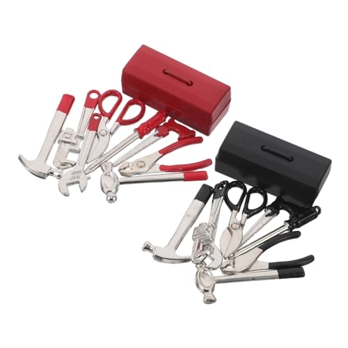 WEKAMOS 2 Sätze Miniatur-werkzeugkasten für Puppenhaus Realistisches Mini Reparaturset mit Hammer Zange Schraubendreher Schraubenschlüssel in Roter und Schwarzem Eisenkoffer Detailgetreue von WEKAMOS
