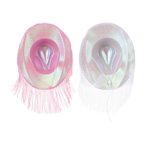 WEKAMOS 2 Stück Cowgirl Hüte Damen mit Farbigem Fransenbesatz Schimmernde Western Cowboyhüte für Party Cosplay und Halloween Weiß Rosa Modische Western Kopfbedeckung von WEKAMOS