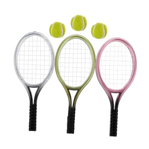 WEKAMOS 3 Sätze Miniatur Tennisschläger Teilig mit Bällen Realistische Mini Tennis Deko für Puppenhaus DIY Zubehör Farblich Gemischt Dekoratives Miniatur Tennismodell von WEKAMOS