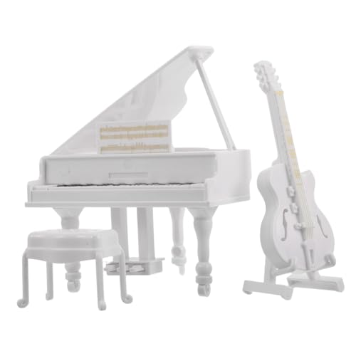 WEKAMOS 3 Stück Miniatur Klavier Modell mit Hocker Puppenhaus Möbel Realistische Musikinstrumente Deko Fotorequisite Sammlerstück Weißes Mini Piano und Gitarre von WEKAMOS