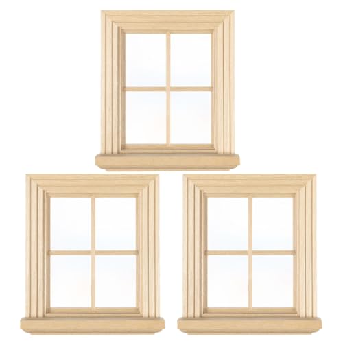 WEKAMOS 3 Stück Miniatur Puppenhaus Fensterrahmen aus Holz Naturbelassene Realistische Mini Fenster für DIY Puppenhaus Zubehör Passend Verbesserter Lichteinfall Beige von WEKAMOS