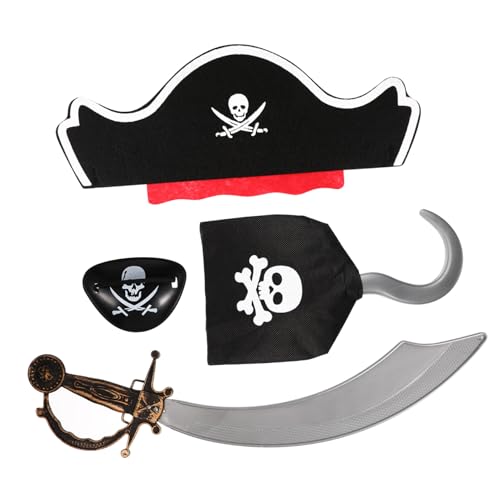 WEKAMOS 4 Stück Halloween Piratenkostüm Teilig mit Augenklappe Haken Hut und Kunststoff Säbel für Piratenparty Cosplay und Halloween Verkleidung Zubehör von WEKAMOS