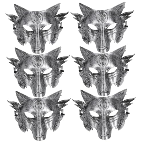 WEKAMOS 6 Stück Teiliges Wolf Halbgesichtsmasken für Erwachsene Elastisch Atmungsaktiv Cosplay und Halloween Party Zubehör Vintage Silberfarben für Kostüm und Mottopartys von WEKAMOS