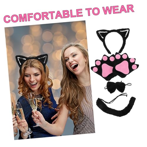 WEKAMOS Katzenohren Haarreif mit Niedlichen Schleifen Cosplay Schwarzem Plüsch und Pailletten Inklusive Handschuhen und Katzenschwanz für Halloween Tierpartys Maskerade und Kostüm Events von WEKAMOS