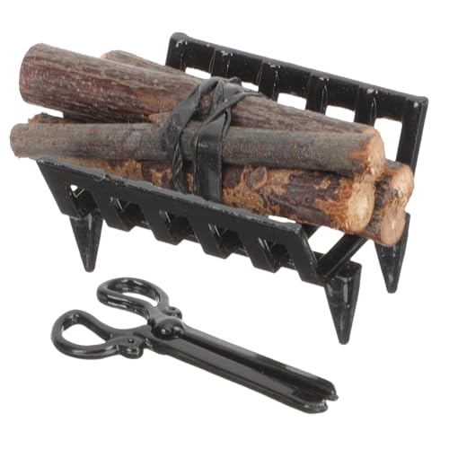 WEKAMOS Miniatur Feuerholzhalter mit Zange Kleines Puppenhaus Zubehör Handliches Miniatur Modell Sicheres Material Dekoratives für Sammler Schwarz von WEKAMOS