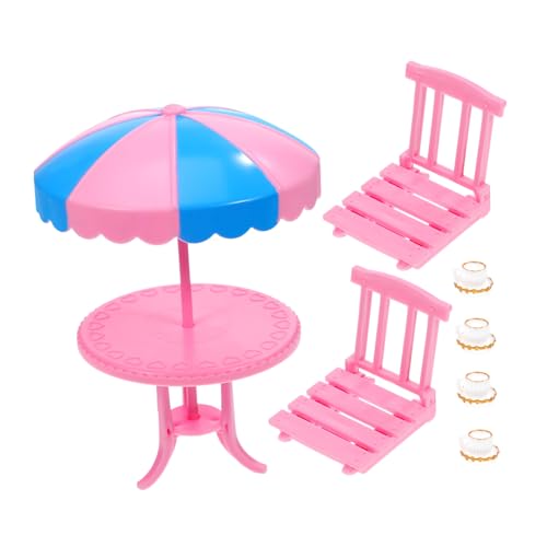 WEKAMOS Miniatur Puppenhaus Möbel Goldrandige Kaffeetassen Teilige Pinke Tisch Stuhl Garnitur Kunststoff Harz Vielseitig für Puppenhäuser Miniaturgärten und Dioramen Wiederverwendbar von WEKAMOS