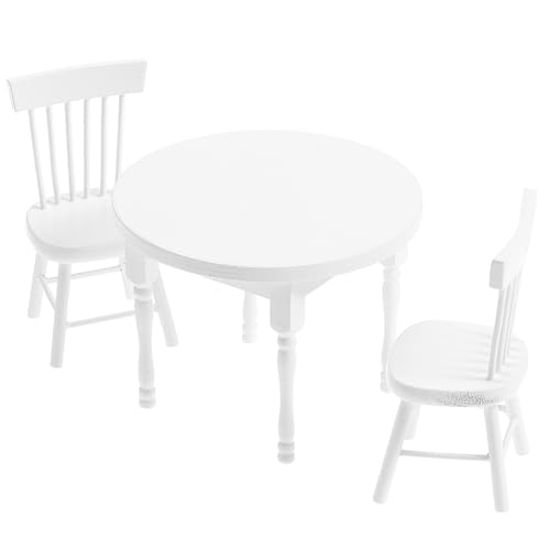 WEKAMOS Miniatur Puppenhaus Möbel Holz Weißer Runder Esstisch Stühle Miniatur Tisch für Puppenhaus Küche Wohnzimmer Zubehör von WEKAMOS