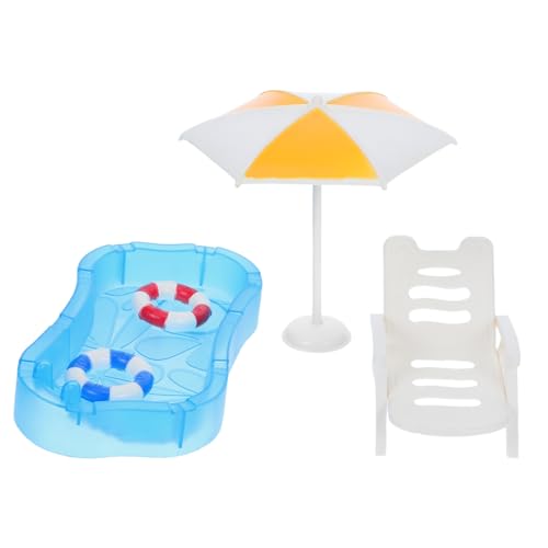 WEKAMOS Miniatur Schwimmbad mit Schwimmring Strandstuhl und Sonnenschirm Detailreiche Puppenhaus Dekoration für Vielseitiges Miniaturmöbel für Sommerspiele von WEKAMOS