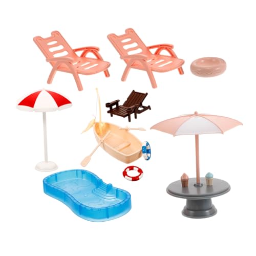 WEKAMOS Miniatur Schwimmbecken mit Strandstuhl Sonnenschirm und Boot Langlebiges Kunststoff für Puppenhaus Tragbares Strand und Poolspielzeug für DIY Fairygarten Dekorationen von WEKAMOS