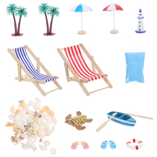 WEKAMOS Miniatur Stranddeko aus Holz mit Muschel Sonnenschirm und Miniatur Strandstuhl für Puppenhaus Realistische Mini Beach Ornament Deko für Mikro Landschaften und DIY Fotorequisiten von WEKAMOS