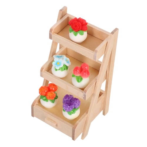WEKAMOS Teiliges Miniatur-pflanzenset Resin Realistisch Gestaltete Miniatur-Pflanzen mit Holzständer Farbenfrohe Mini-Blumen im Topf für Puppenhaus DIY Dekoration Platzsparend Langlebig von WEKAMOS