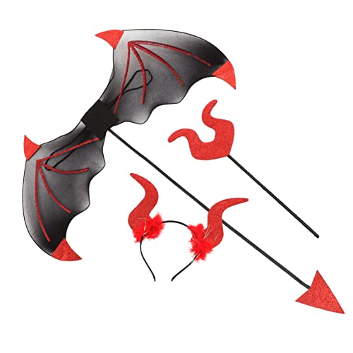 WEKAMOS Teufel Kostümset Teilig mit Elastischem Haarreif Teufelshörner Rote Teufelsflügel und Leichter Stab Halloween Karneval Party Accessoires für Damen und Cosplay von WEKAMOS