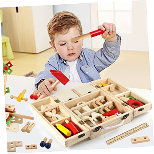 WEKAMOS Werkzeugkasten aus Holz Buntes Reparaturspielzeug mit Tragegriff und Stecksystem Fördert Hand Auge Koordination Farbenlernen und Aufräumfähigkeit für Kinderzimmer und Rollenspiele von WEKAMOS