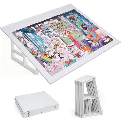 WELGEE DIY Kippbares Puzzlebrett mit 6 modularen Paneelen & Ständer, leichter tragbarer Puzzletisch für Erwachsene & Senioren, anpassbares Puzzle-Zubehör nur 1,6 kg (Weiß) von WELGEE