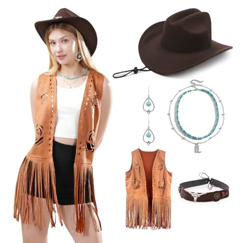 WELLATENT Western-Outfits für Damen, Boho-Cowboyhut, Rose, hohle Fransenweste, mehrschichtige Halskette, Hippie-Outits für Cosplay, Braun, S WELLATENT Western-Outfits für Damen, Boho-Cowboyhut, Rose, hohle Fransenweste, mehrschichtige Halskette, Hippie-Outits für Cosplay, Braun, S von WELLATENT