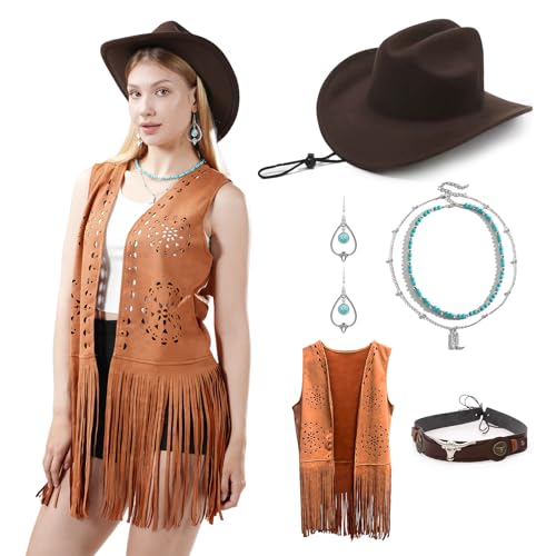 WELLATENT Western-Outfits für Damen, Cowboyhut, geometrische hohle Fransen, Weste, mehrschichtige Halskette, Hippie-Outits für Cosplay, Braun, 3XL WELLATENT Western-Outfits für Damen, Cowboyhut, geometrische hohle Fransen, Weste, mehrschichtige Halskette, Hippie-Outits für Cosplay, Braun, 3XL von WELLATENT
