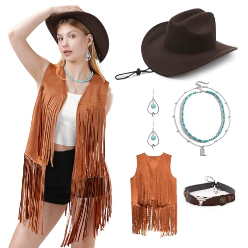 Western-Outfits für Damen, Boho-Cowboyhut, Retro-Fransenweste, mehrschichtiges Halsketten-Set, Hippie-Outits für Cosplay, Braun, 3XL Western-Outfits für Damen, Boho-Cowboyhut, Retro-Fransenweste, mehrschichtiges Halsketten-Set, Hippie-Outits für Cosplay, Braun, 3XL von WELLATENT