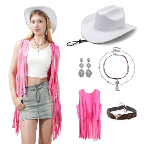 Western-Outfits für Damen, Boho-Cowboyhut, Retro-Fransenweste, mehrschichtiges Halsketten-Set, Hippie-Outits für Cosplay, Pink, L Western-Outfits für Damen, Boho-Cowboyhut, Retro-Fransenweste, mehrschichtiges Halsketten-Set, Hippie-Outits für Cosplay, Pink, L von WELLATENT