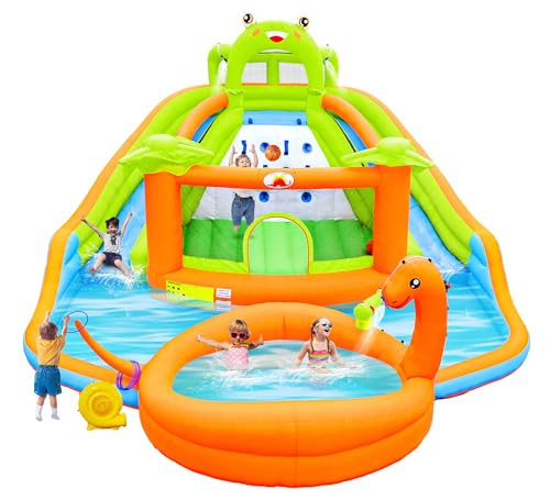 WELLFUNTIME Aufblasbarer Wasser-Doppelrutschenpark mit Gebläse, Hüpfburg mit Wasserkanone, Dino-Pool, Froschschschloss, Kletterwand, Basketballkorb, Hinterhof-Wasserpark für Kinder WELLFUNTIME Aufblasbarer Wasser-Doppelrutschenpark mit Gebläse, Hüpfburg mit Wasserkanone, Dino-Pool, Froschschschloss, Kletterwand, Basketballkorb, Hinterhof-Wasserpark für Kinder von WELLFUNTIME