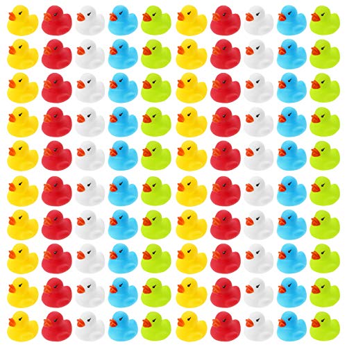 WELLGRO 100 Badeenten - bunt (gelb, rot, weiß, blau, grün), je Ente ca. 3,5 x 3 cm (ØxH), Gummiente, im Netz von WELLGRO