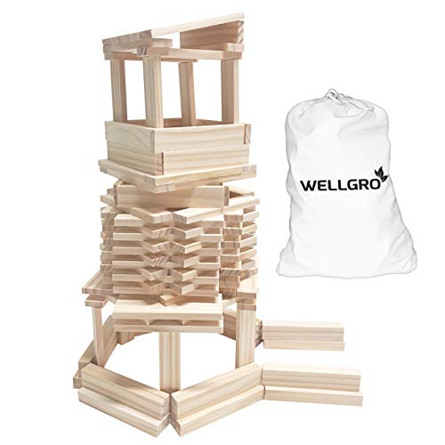 WELLGRO Natur Holzbausteine - Holzsteine zum Bauen - naturfarbene Bauklötze inkl. Aufbewahrungsbeutel- Holzbaukasten - Bausteine Holz - Menge wählbar, Stückzahl:350 Stück von WELLGRO