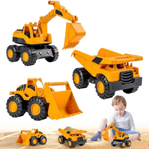 3 Stück Sandspielzeug Bagger Sandkasten, Sandbagger für Kinder, Baustellenfahrzeuge mit Verschiedenen Spielzeugautos (Bagger, Radlader, Kipplaster), Reifen aus Softmaterial, für Kinder ab 2 Jahren von WELLXUNK