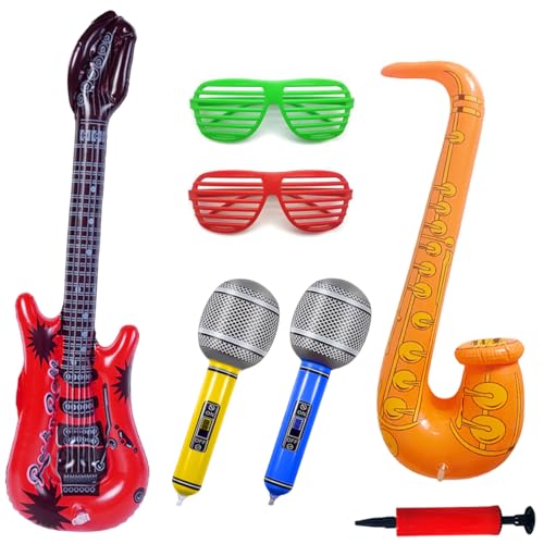 Aufblasbare Rock Star Toy Set, 7 Stück Aufblasbare Instrumente, 1 Inflatables Gitarre,1 Saxophon, 2 Mikrofon, 1 Luftpumpe, 2 Gläser für Party Deko, Kinder, Erwachsene, Konzert, Fotobox Accessoires von WELLXUNK