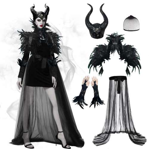 Böse Königin Kostüm, Victorian Gothic Teufel Flügel Kostüm, Gothic Federumhang Feder-Manschetten mit Schwarzer Tüllrock, Damen Vintage Spitzenhandschuhe mit Feder Karneval Halloween Cosplay Party von WELLXUNK