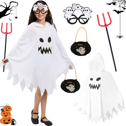 Halloween Geister Weiß Umhang Geisterkostüm Kinder, Outfit Halloween Geist Umhang Kapuze, Kinder Ghost Umhang mit Brille Teufelsgabel Handtasche für Cosplay Karneval halloween Fasching Kostüm Party von WELLXUNK