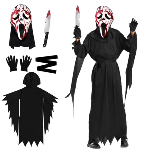 Halloween Scream Kostüm Kinder, Gruseliges Geistergesicht Scream Kostüm mit Ghostface Maske und Falschem Messer, Handschuhe, Gruselig Reaper Kostü-m fur Halloween, Carnival, Masquerade, Horrorparty Halloween Scream Kostüm Kinder, Gruseliges Geistergesicht Scream Kostüm mit Ghostface Maske und Falschem Messer, Handschuhe, Gruselig Reaper Kostü-m fur Halloween, Carnival, Masquerade, Horrorparty von WELLXUNK