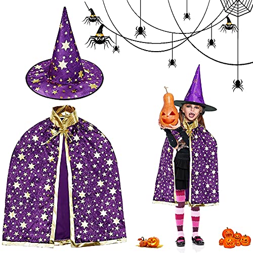 Kinder Halloween Kostüm, Hexen Mantel, Zauberer Umhang mit Hut für Kinder, Zauberer Mantel, Hexen Mantel Stern Cape Zauberhut,für Cosplay Verkleidung Fasching Karneval Halloween Geburtstagsparty von WELLXUNK