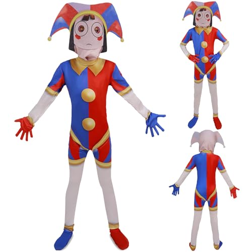The Amazing Digital Circus Kostüm, Pomni Cosplay Clown Costume mit Masken, Pomni Costume, Anime The Amazing Digital Circus Kostüm, Pomni Jumpsuit, Zirkus Kostüm für Halloween Karneval Cosplay Party von WELLXUNK