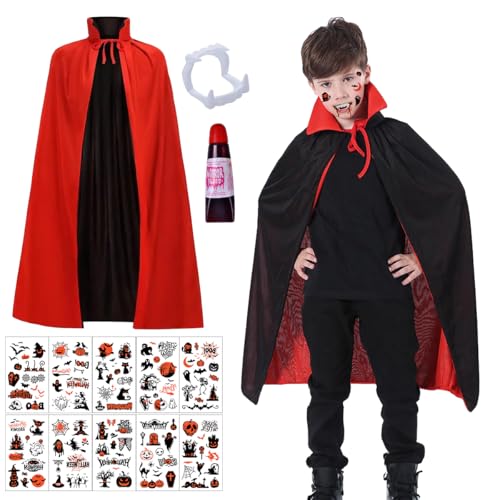 Vampir Kostüm Kinder, 90CM Halloween Umhang Vampir, Schwarz Rot vampir Umhang mit vamp-ir Zähne & Kunstblut y Tattoo Aufkleber, Halloween Cape Dracula Kostüme für halloween-Masquerade, Karneval Vampir Kostüm Kinder, 90CM Halloween Umhang Vampir, Schwarz Rot vampir Umhang mit vamp-ir Zähne & Kunstblut y Tattoo Aufkleber, Halloween Cape Dracula Kostüme für halloween-Masquerade, Karneval von WELLXUNK