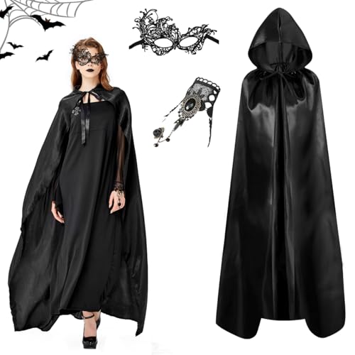WELLXUNK 3er Schwarzer Umhang mit Kapuze Set, 170cm Halloween Kostüm Umhang Damen mit SpitzeMaske und Finger Kette, Halloween Vampir Schwarzer Umhang, für Karneval, Halloween, Maskerade Kostüme von WELLXUNK
