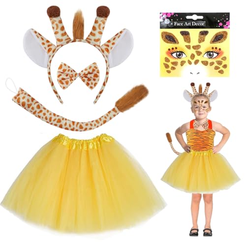 WELLXUNK 5 Stück Giraffen Kinder Kostüm, Giraffen Kostüm Set, Giraffen Tierkleid Kostüm mit Giraffenohr Stirnband, Fliege, Schwanz, Gesichtsaufkleber für Karneval Geburtstag Dschungelparty WELLXUNK 5 Stück Giraffen Kinder Kostüm, Giraffen Kostüm Set, Giraffen Tierkleid Kostüm mit Giraffenohr Stirnband, Fliege, Schwanz, Gesichtsaufkleber für Karneval Geburtstag Dschungelparty von WELLXUNK