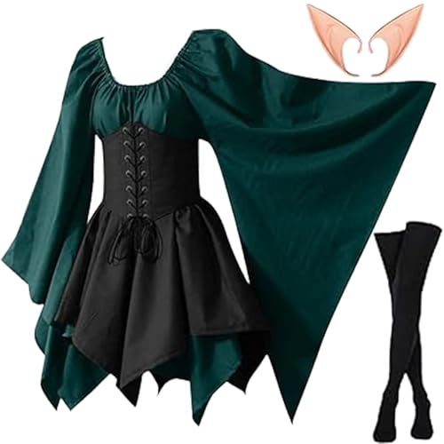 WELLXUNK Traditionelles Irisches Kleid, Renaissance Elfen Kostüm, Cosplay Kleid Mit Elfenohren, Overknee Socken, Gothic Damen Outfit für Halloween Karneval WELLXUNK Traditionelles Irisches Kleid, Renaissance Elfen Kostüm, Cosplay Kleid Mit Elfenohren, Overknee Socken, Gothic Damen Outfit für Halloween Karneval von WELLXUNK