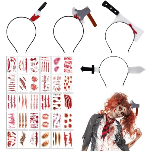 WELLXUNK 4 Stück Halloween Horror Haarreif, Halloween Messer im Kopf, 30 Halloween Tattoo Narben, Horror Haarreif Set, Halloween Grusel Accessoires mit für Fasching Karneval Kostüm Party Cosplay WELLXUNK 4 Stück Halloween Horror Haarreif, Halloween Messer im Kopf, 30 Halloween Tattoo Narben, Horror Haarreif Set, Halloween Grusel Accessoires mit für Fasching Karneval Kostüm Party Cosplay von WELLXUNK